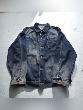 Vtg Indigo Red Denim Jacket Mens 2XL Blue Y2K Hip Hop